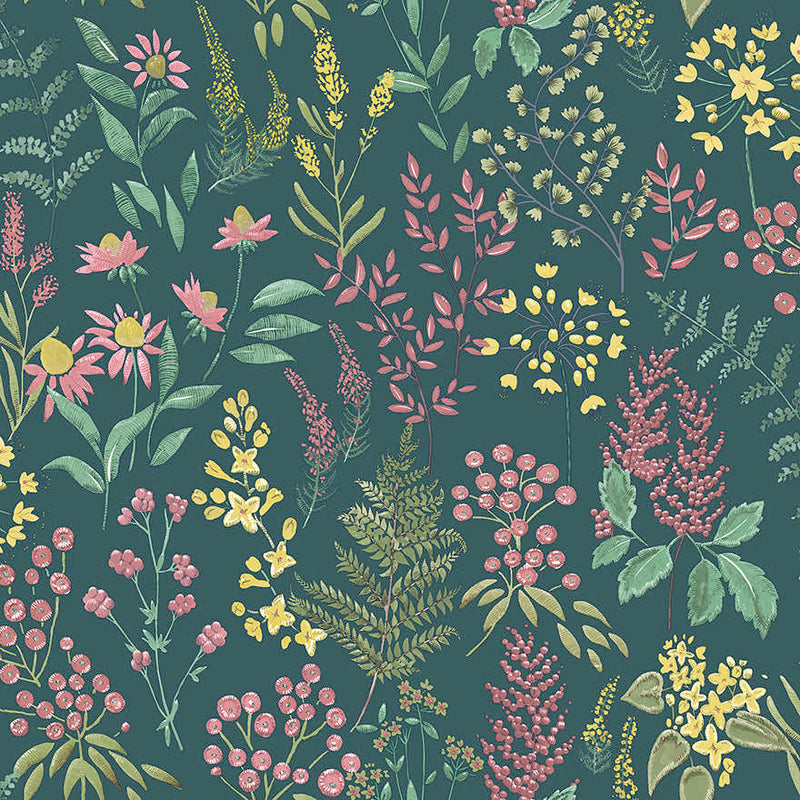 Sample - Calvert Meadows Wallpaper - Teal/Pink