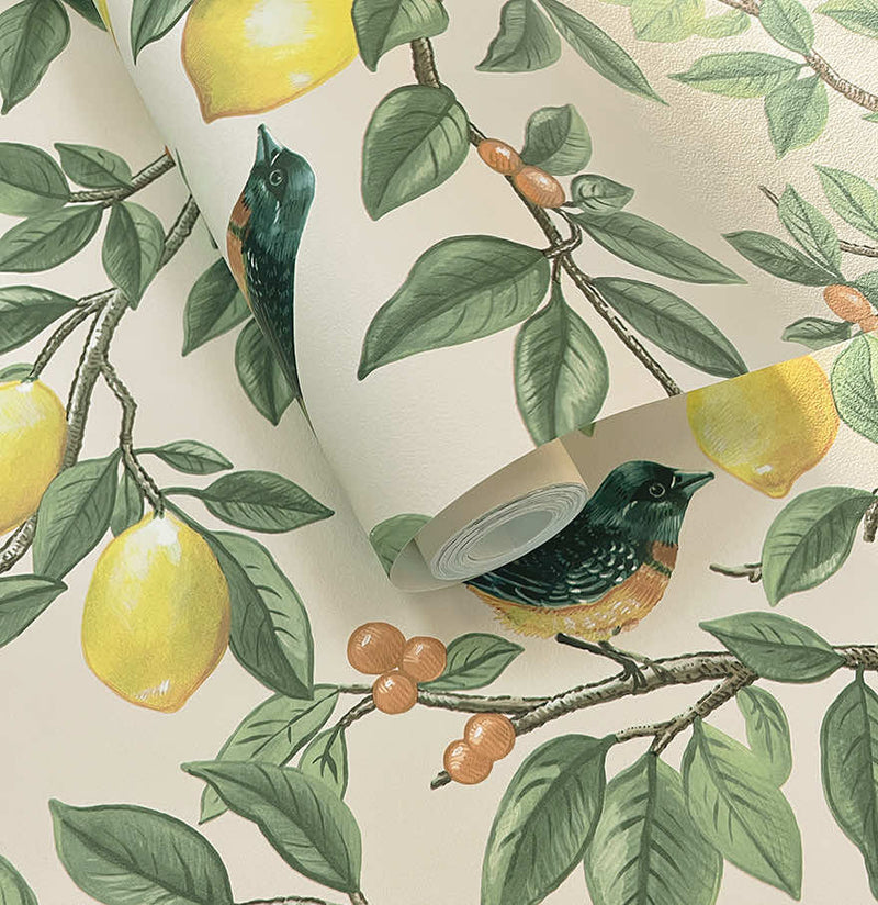 Ponderosa Bird and Lemon Wallpaper - Cream/Orange