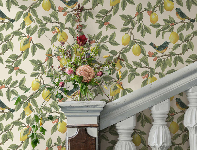 Ponderosa Bird and Lemon Wallpaper - Cream/Orange