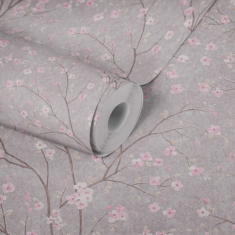 Tokyo Cherry Blossom Wallpaper- Grey/Pink