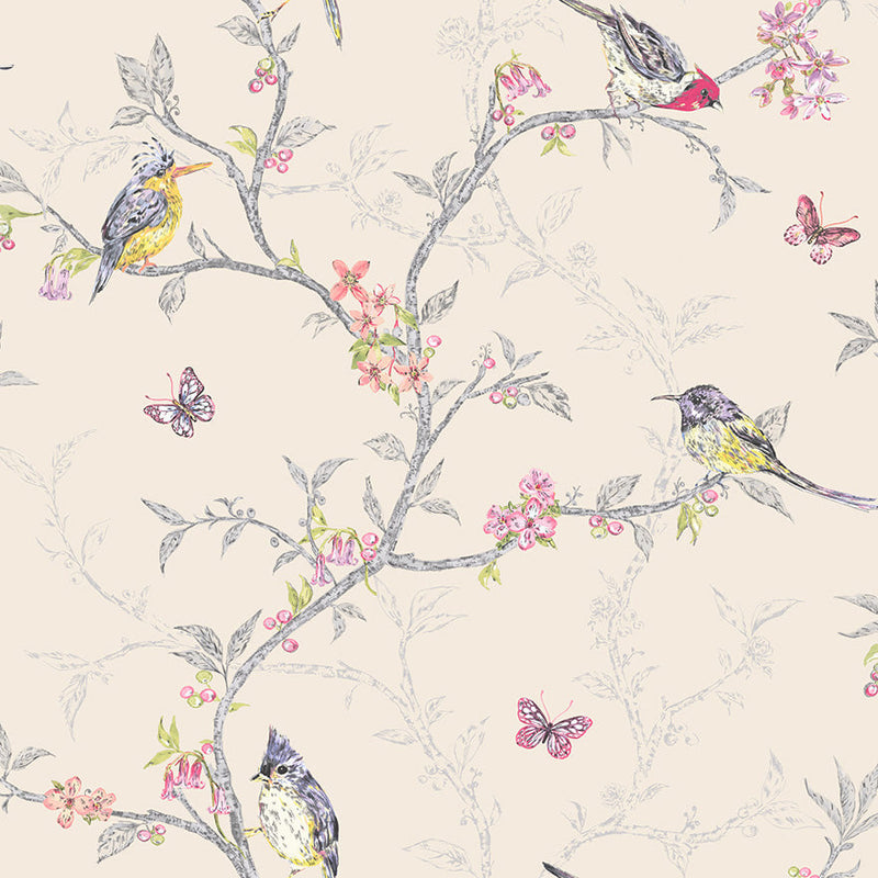 Sample - Phoebe - Birds on Trailing Branches Wallpaper - Beige