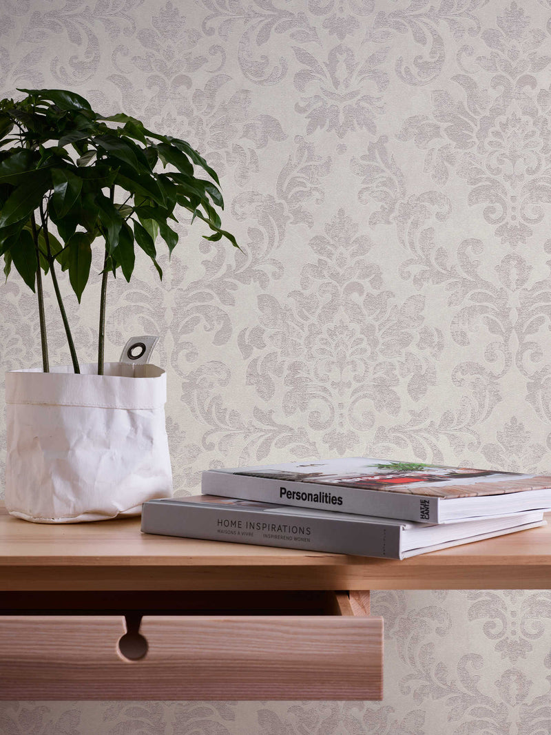 Baroque Damask Wallpaper - Grey/Pink + White