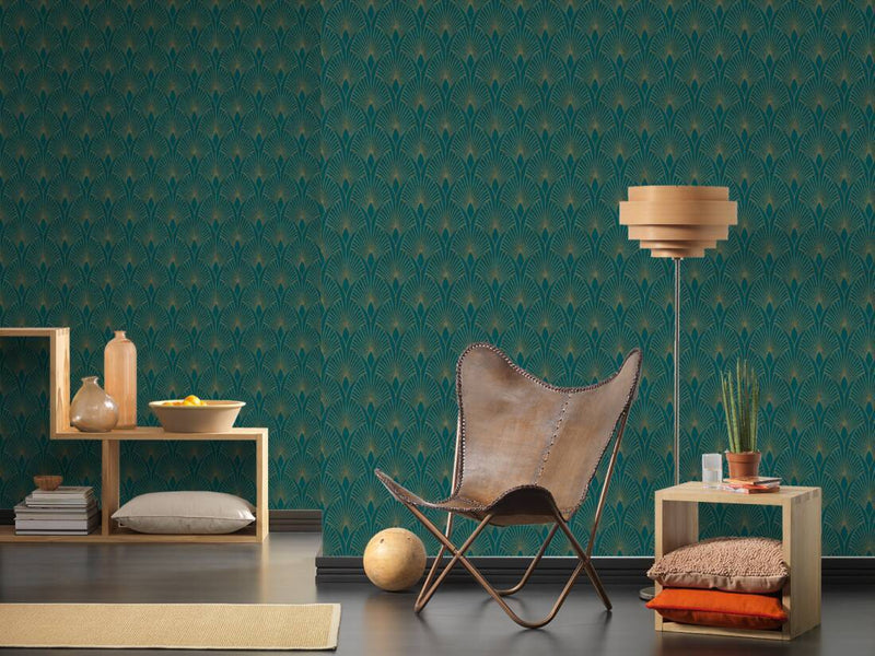 Art deco baroque fans wallpaper- Turquoise