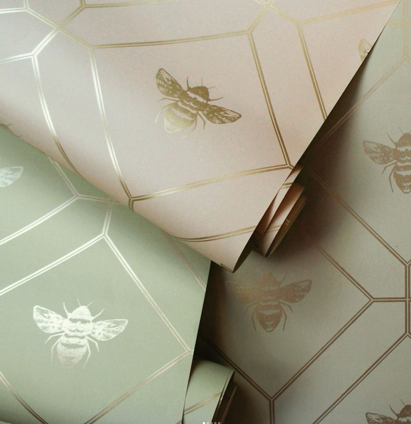 Honeycomb Bee - Geometric Metallic Wallpaper - Sage Green