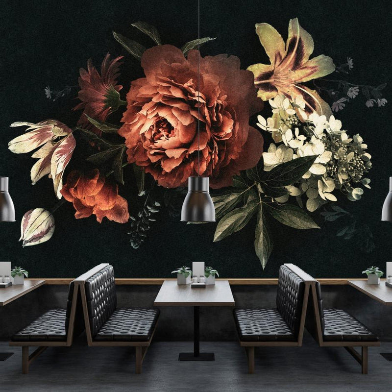 Drama Queen Floral - Black/Orange - Custom Sized Wallpaper Mural (per m2)