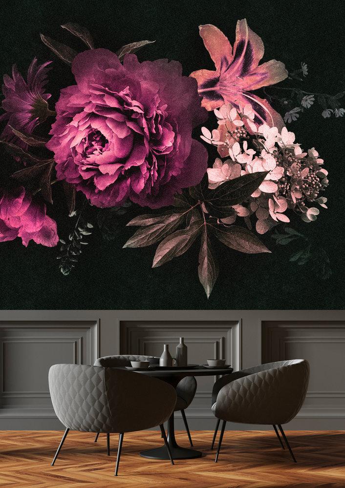 Drama Queen Floral - Black/Pink - Custom Sized Wallpaper Mural (per m2)