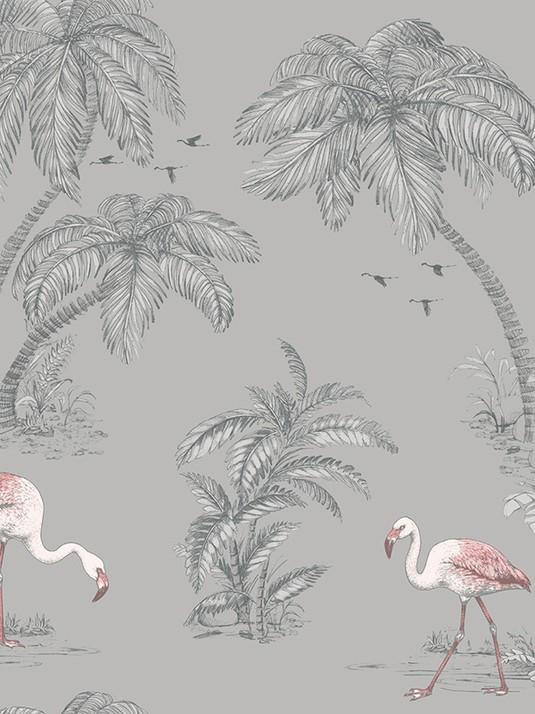 Sample - Flamingo Lakes Wallpaper - Grey/Coral