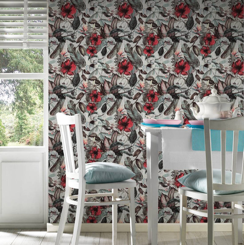 Graphic Floral Wallpaper - Grey - Red