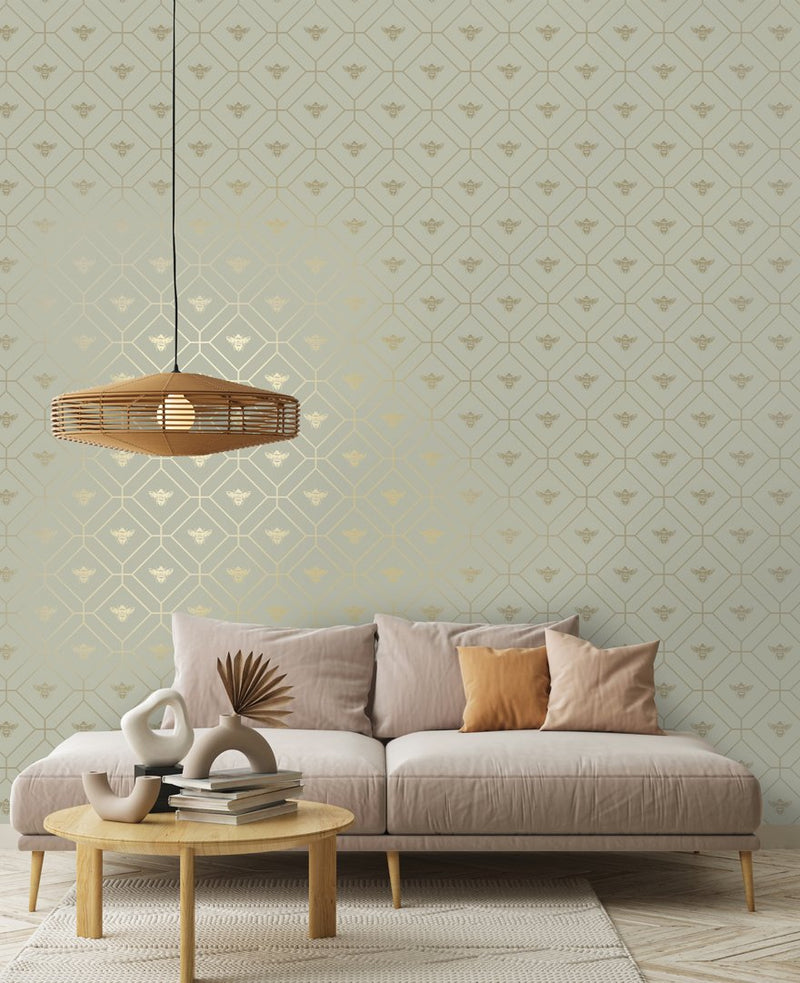 Honeycomb Bee - Geometric Metallic Wallpaper - Sage Green