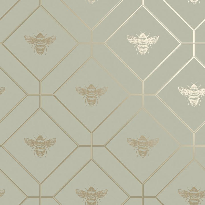 Honeycomb Bee - Geometric Metallic Wallpaper - Sage Green