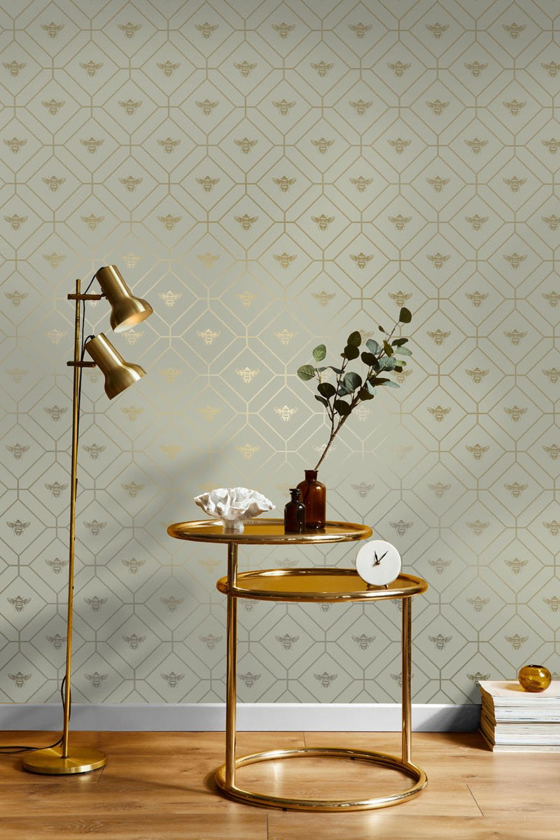 Honeycomb Bee - Geometric Metallic Wallpaper - Sage Green