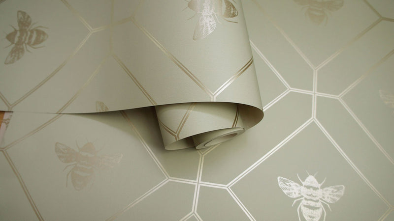 Honeycomb Bee - Geometric Metallic Wallpaper - Sage Green