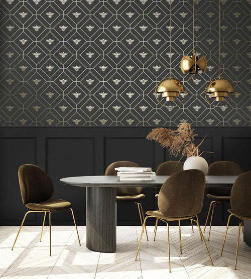 Honeycomb Bee - Geometric Metallic Wallpaper - Black - Charcoal