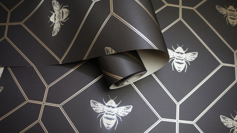 Honeycomb Bee - Geometric Metallic Wallpaper - Black - Charcoal
