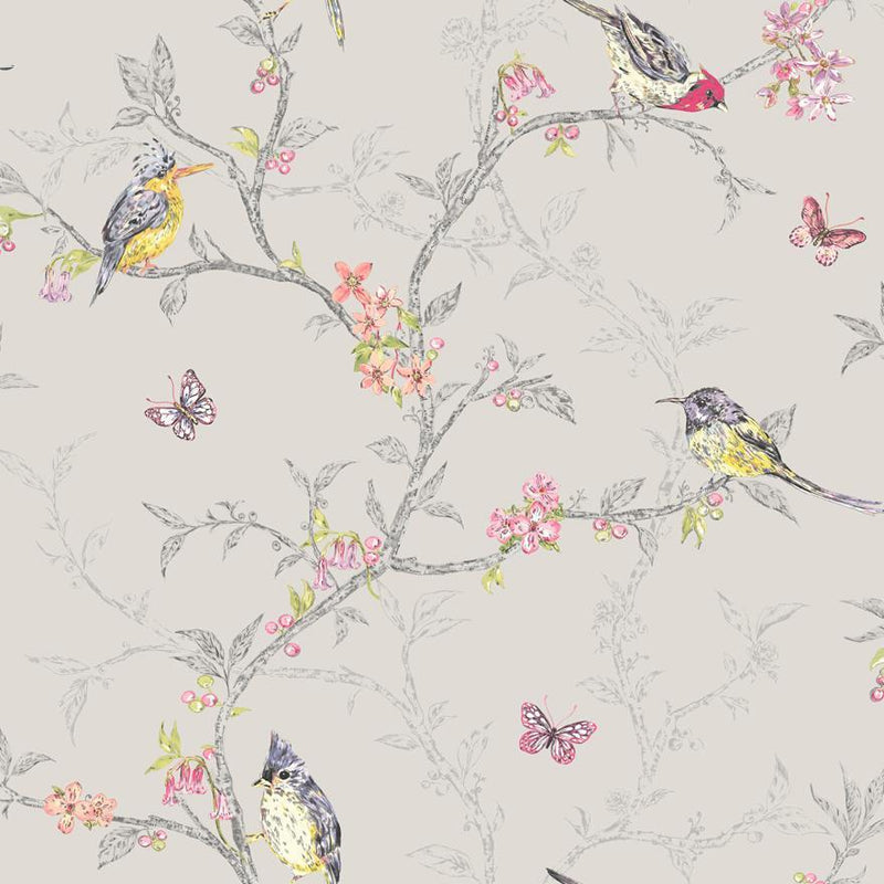 Phoebe - Birds on Trailing Branches Wallpaper - Dove Grey