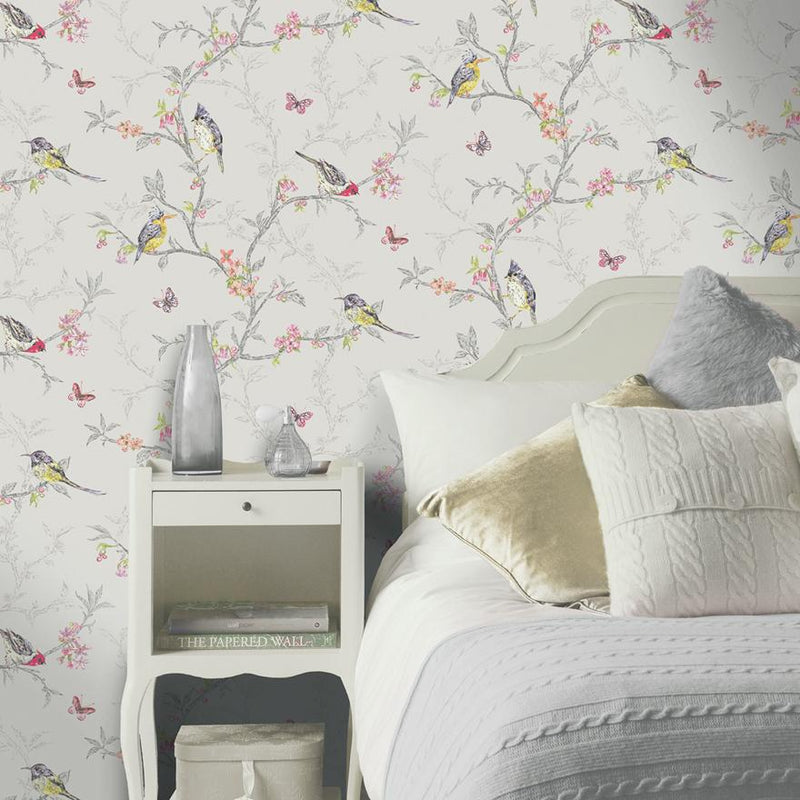 Phoebe - Birds on Trailing Branches Wallpaper - Dove Grey