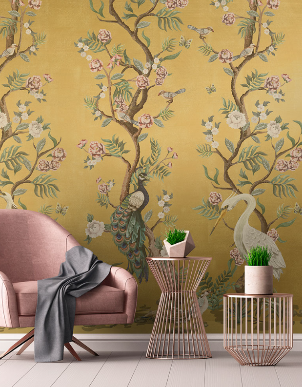 Hirosaki Chinoiserie - Custom sized wallpaper mural (per/m2) - Gold Metallic