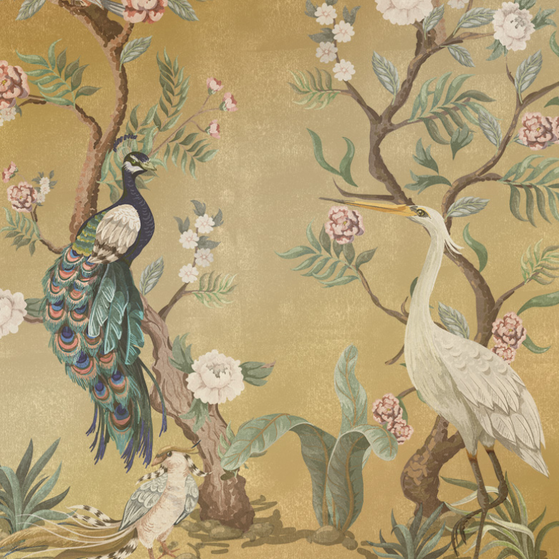 Hirosaki Chinoiserie - Custom sized wallpaper mural (per/m2) - Gold Metallic