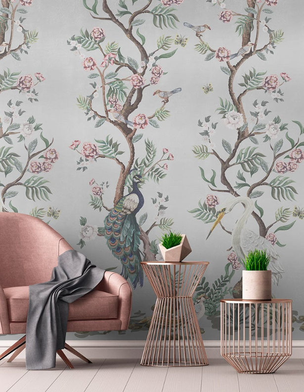 Hirosaki Chinoiserie - Custom sized wallpaper mural (per/m2) - Silver Metallic