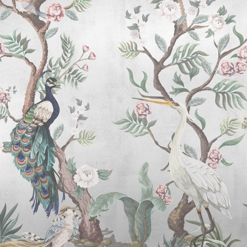 Hirosaki Chinoiserie - Custom sized wallpaper mural (per/m2) - Silver Metallic