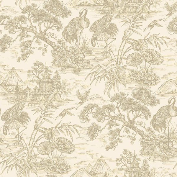 Sample - Natoru - Japanese Metallic Cranes Wallpaper - Cream/Gold