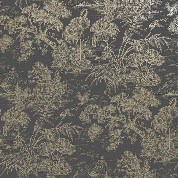 Sample - Natoru - Japanese Metallic Cranes Wallpaper - Charcoal/Gold