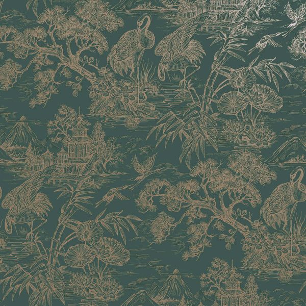 Sample - Natoru - Japanese Metallic Cranes Wallpaper - Aqua/Gold