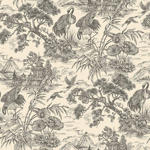 Sample - Natoru - Japanese Metallic Cranes Wallpaper - Cream/Charcoal