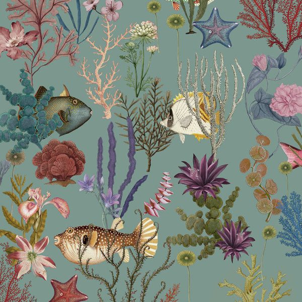 Sample - Cora - Fish and Coral Wallpaper - Soft Aqua