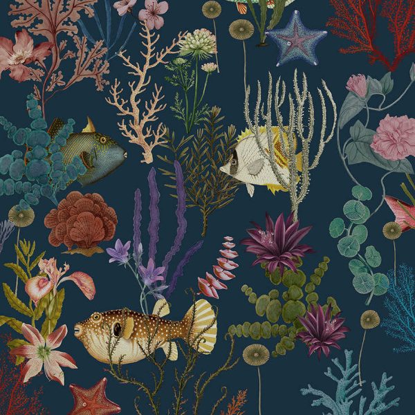 Sample - Cora - Fish and Coral Wallpaper - Navy