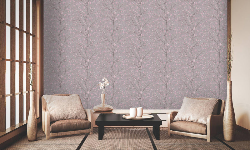 Tokyo Cherry Blossom Wallpaper- Grey/Pink