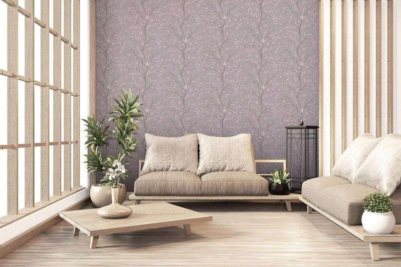 Tokyo Cherry Blossom Wallpaper- Grey/Pink