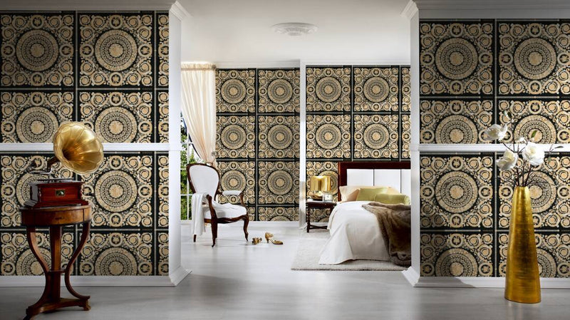 Versace Crown Moulding Wallpaper - Black/Gold/Creme