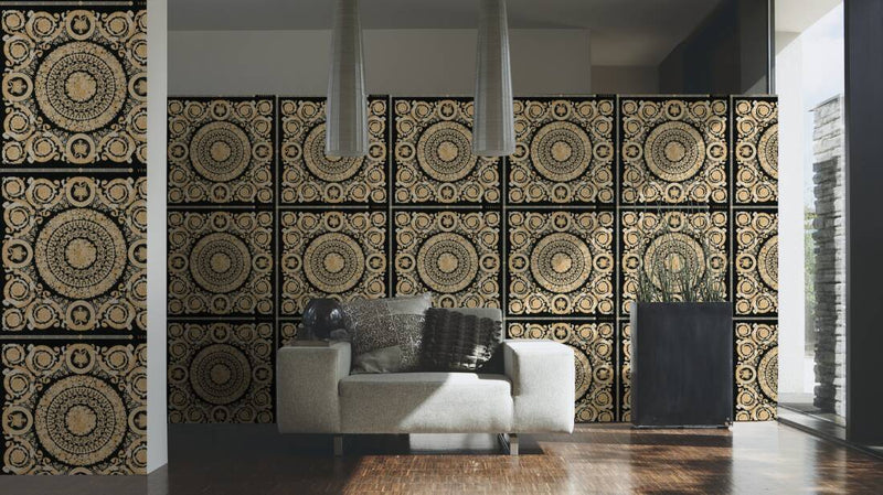 Versace Crown Moulding Wallpaper - Black/Gold/Creme