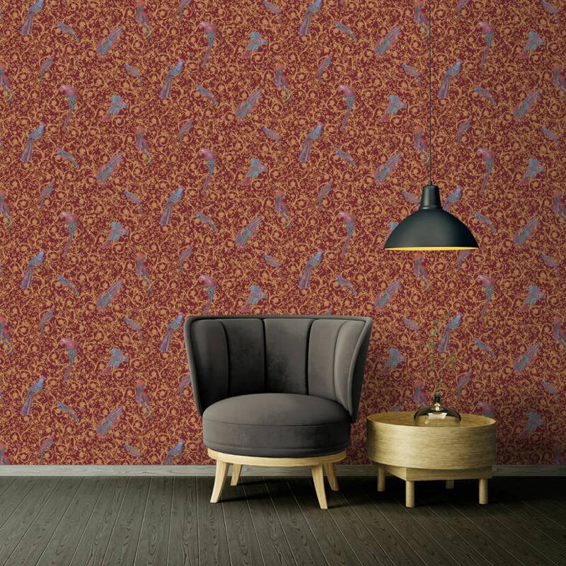 Versace Regal Woodland Wallpaper - Red - Gold