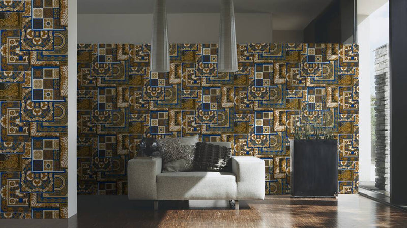 Versace Tapestry Wallpaper - Gold/Blue/White