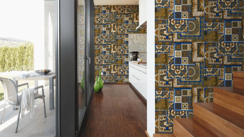 Versace Tapestry Wallpaper - Gold/Blue/White