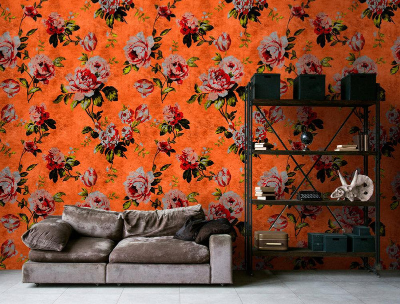 Wild Rose - Custom Sized Wallpaper Mural (per m2) - Orange