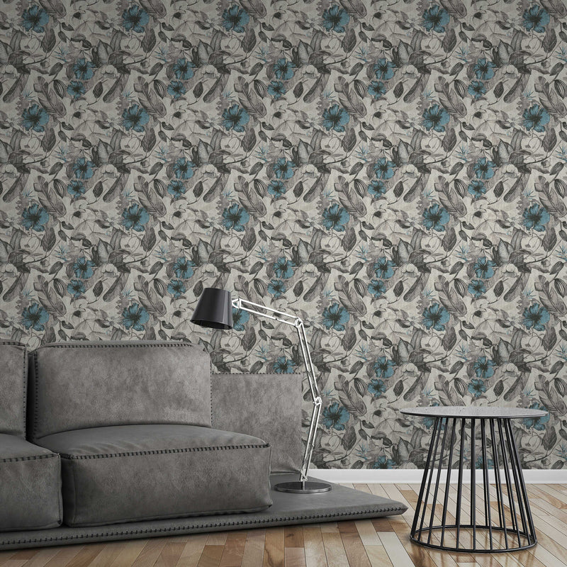 Graphic Floral Wallpaper - Blue