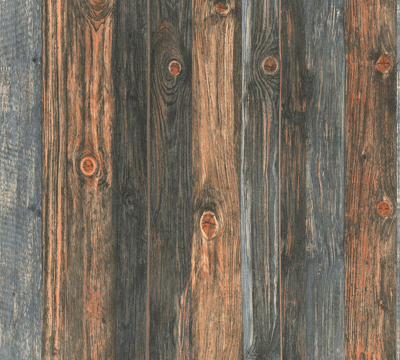 Distressed Wood Wallpaper - Blue Brown