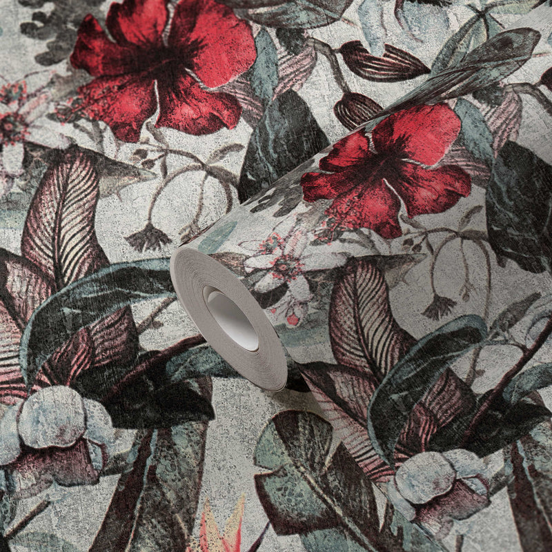 Graphic Floral Wallpaper - Grey - Red