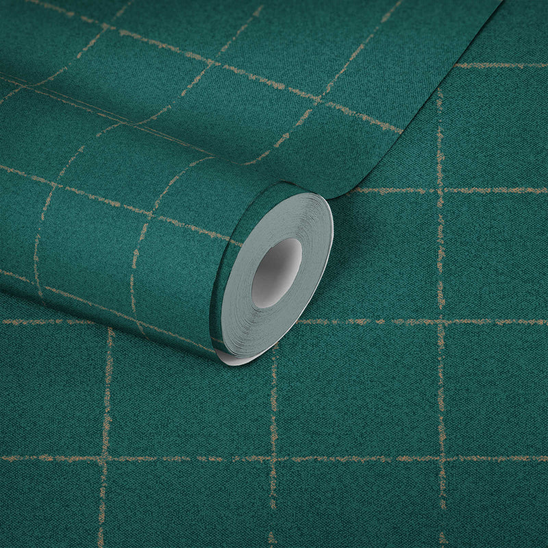 Plaid wallpaper with textile effect - Green/Gold