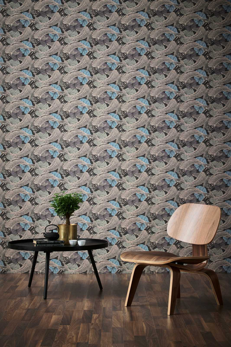 Tokyo Fish Bowl Wallpaper - Blue/Metallic/Black