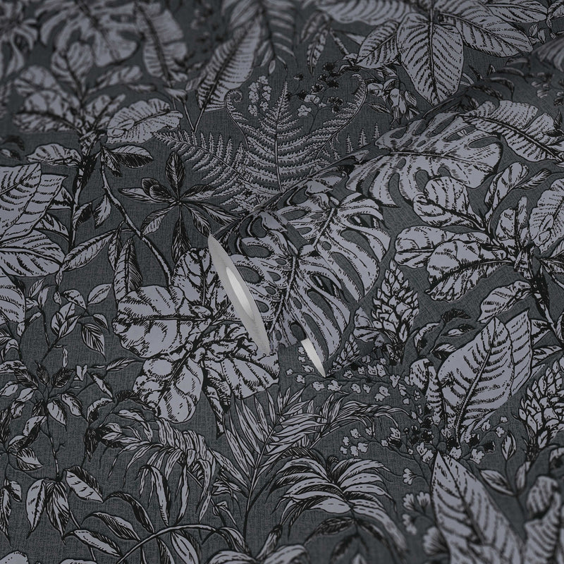 Leafy Dreams, monstera and ferns Wallpaper - Black