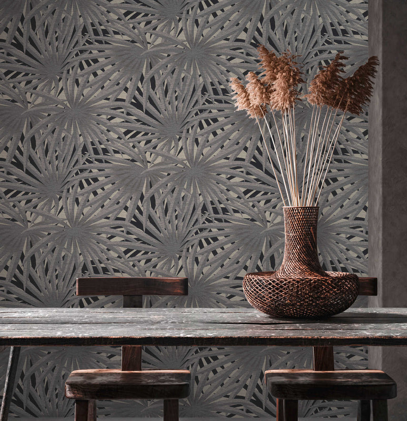 Marrakech Palms Wallpaper - Grey/Metallic/Black