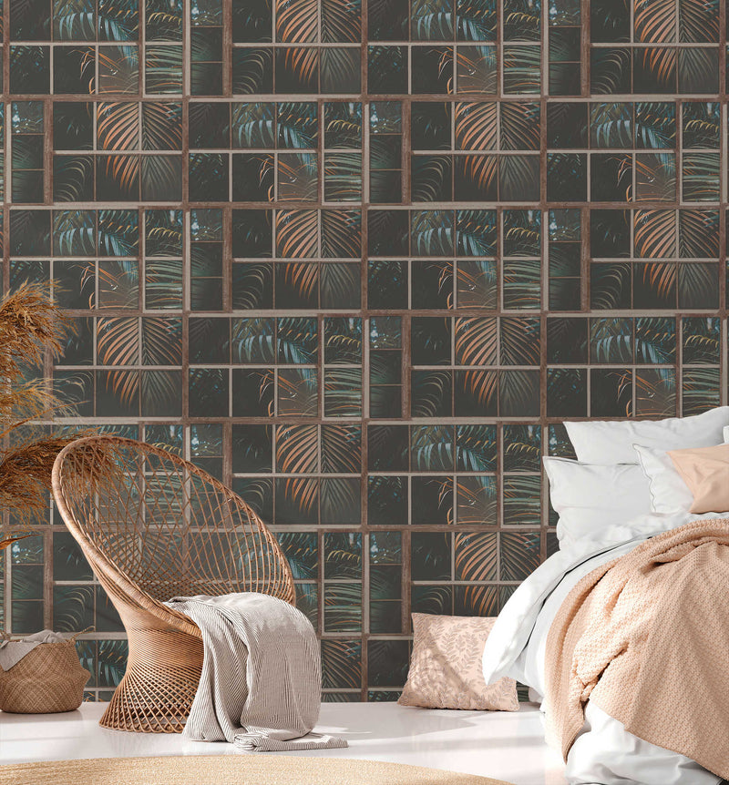 Palm Leaf Mosaic Wallpaper - Brown/Green