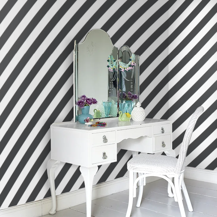 Diagonal Stripes Wallpaper - Black and White