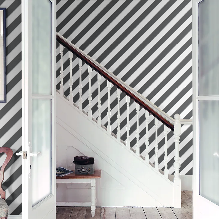 Diagonal Stripes Wallpaper - Black and White