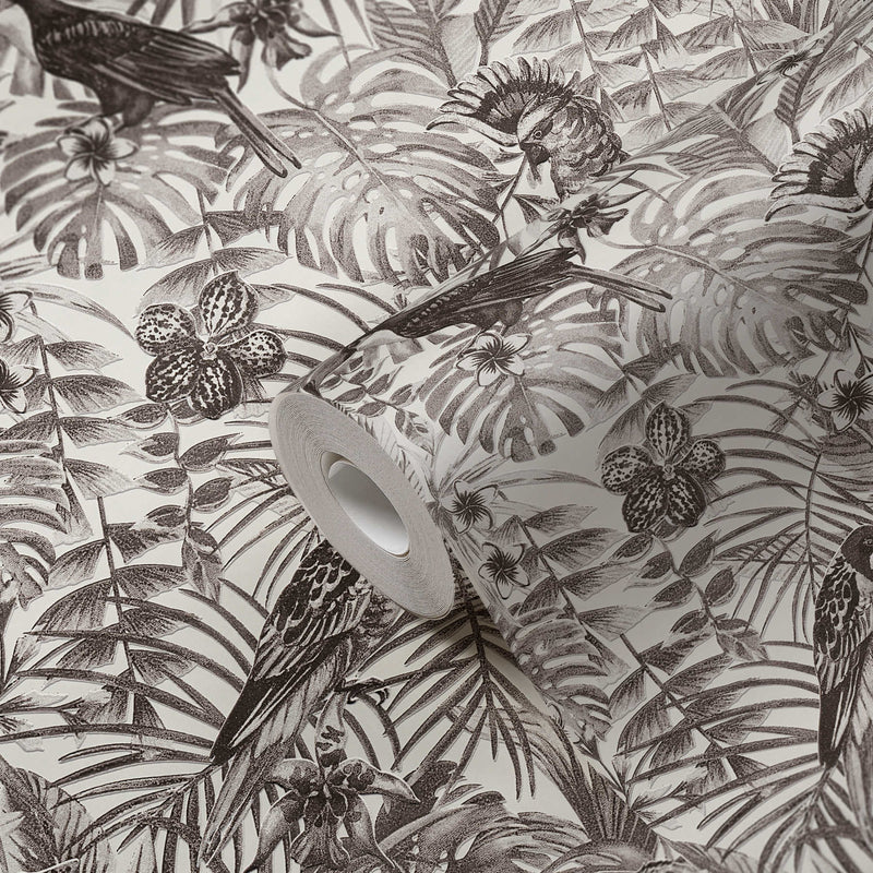 Jungle Parrots Wallpaper - Black + White - Discontinuing