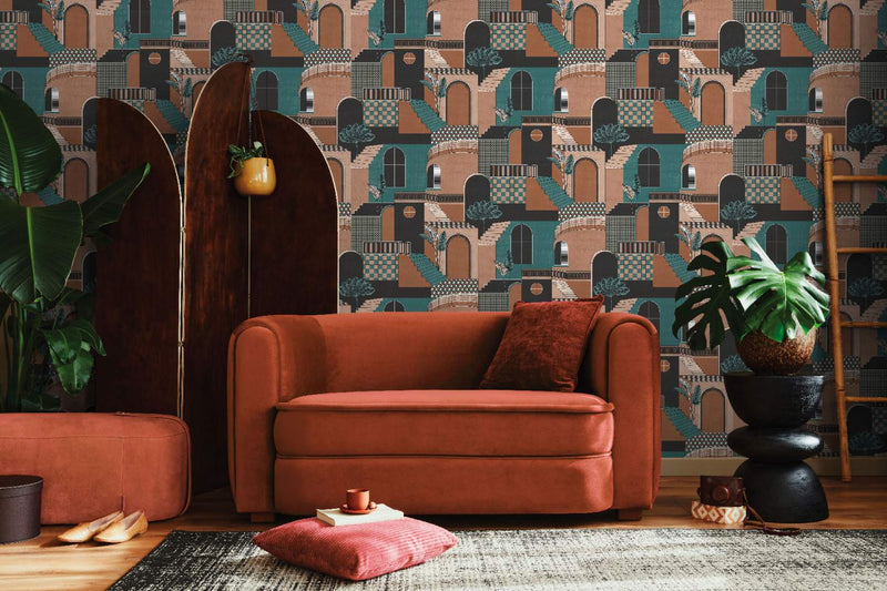 Medina - Cityscape Labyrinth Wallpaper - Orange/teal